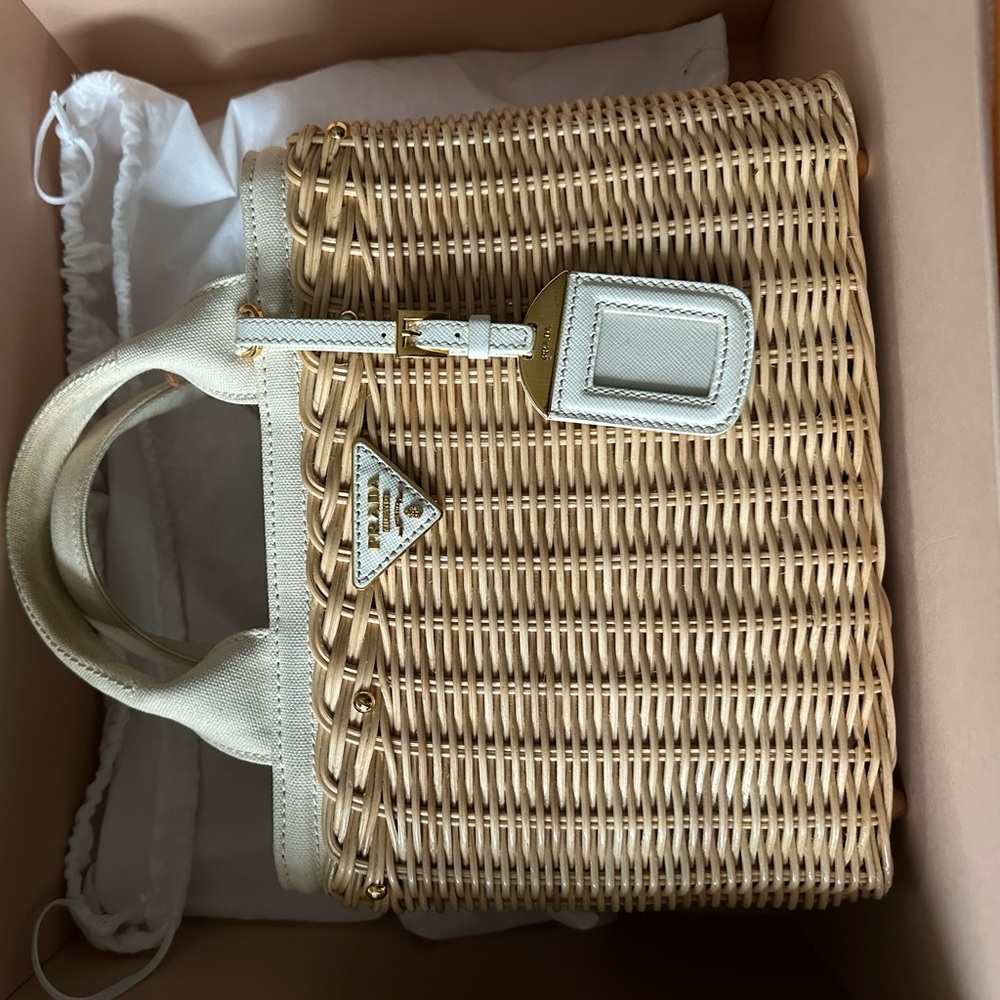 Prada Tan and White Woven Wicker Tote Bag